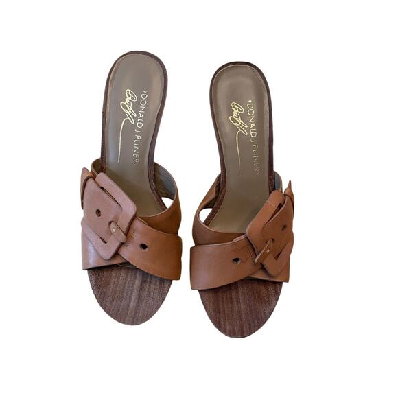 Donald J Pliner Leather Buckle Open Toe Heel Women Size 6 Brown Stiletto Slip-on - Picture 1 of 7